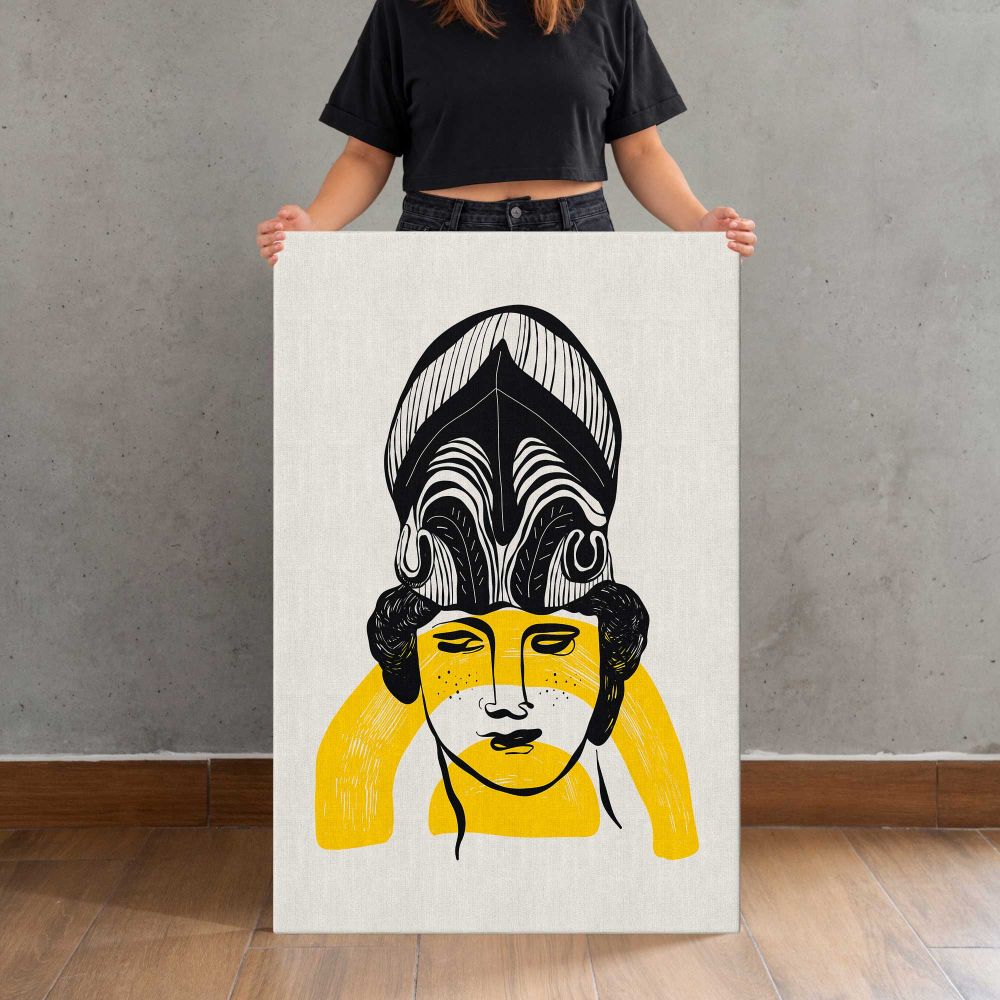 Black and Yellow Woman Portrait canvas print, held for scale