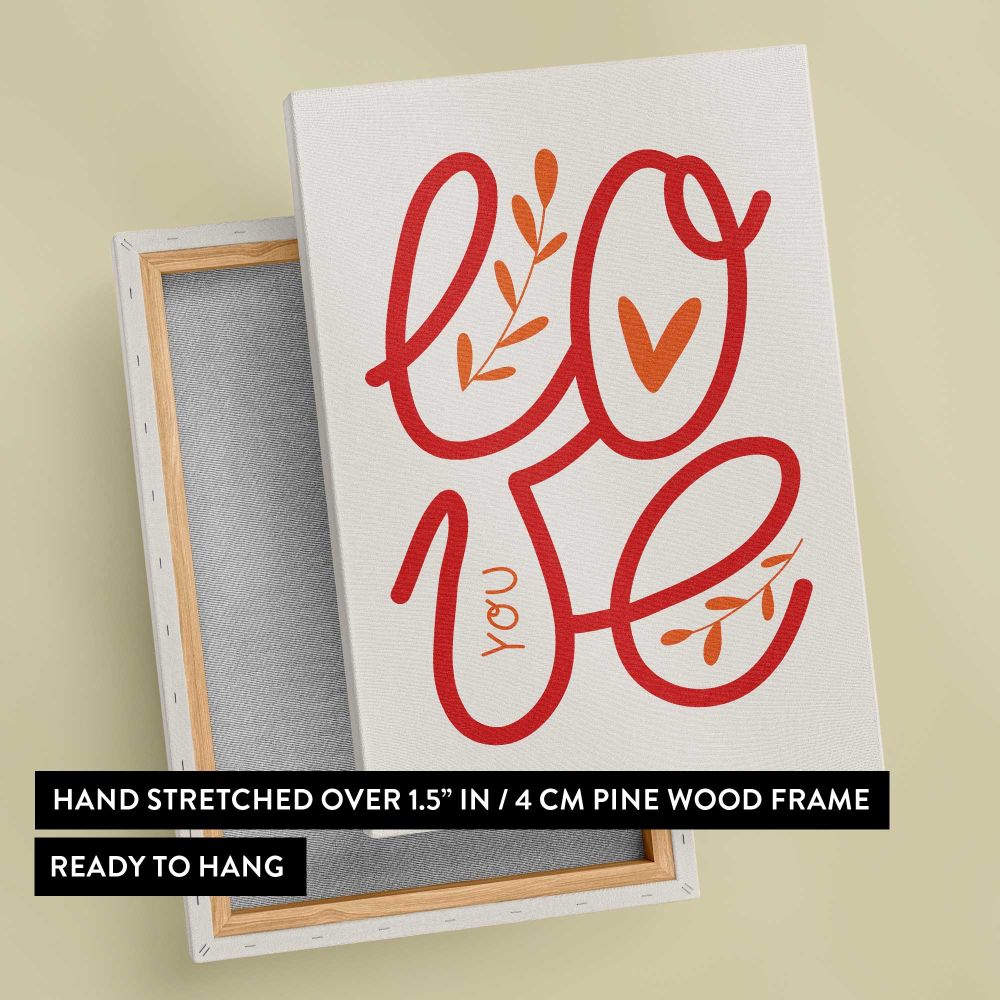 Red Love Script Typography canvas print, front and back view