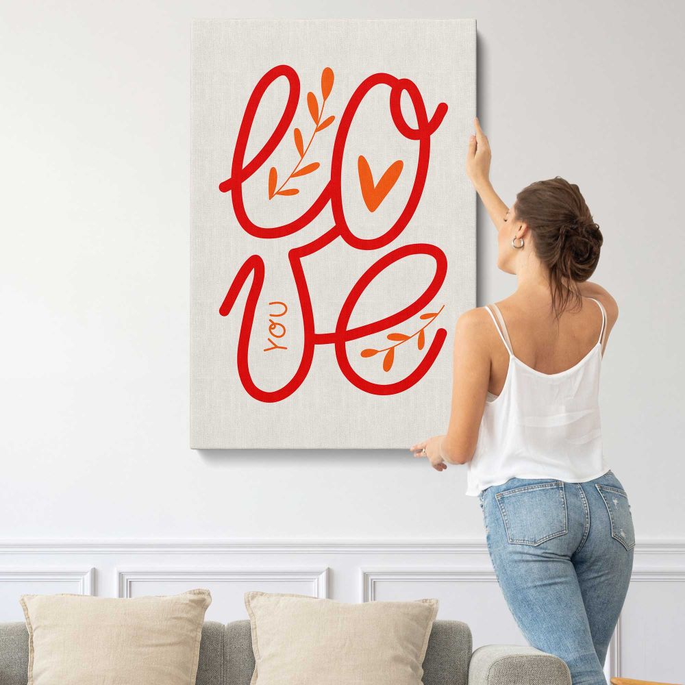 Red Love Script Typography canvas print, displayed on a wall