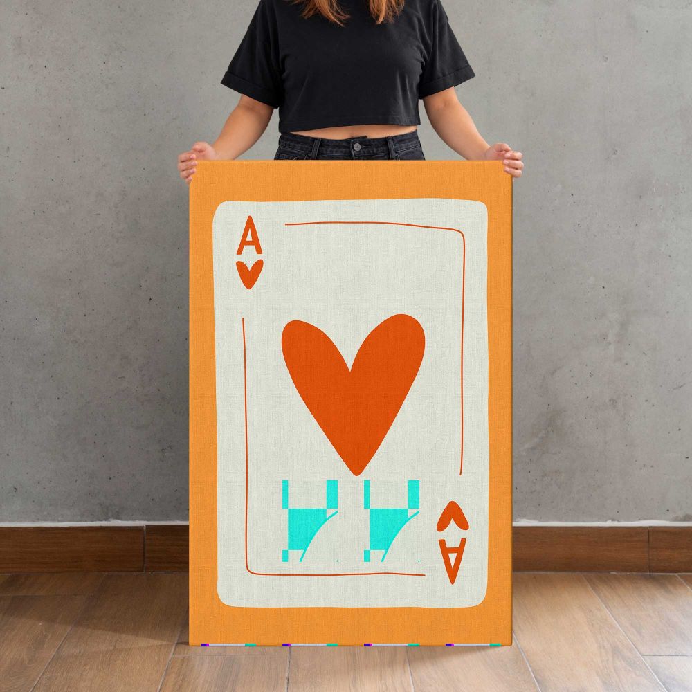 Orange Ace of Hearts Playing Card canvas print, held for scale