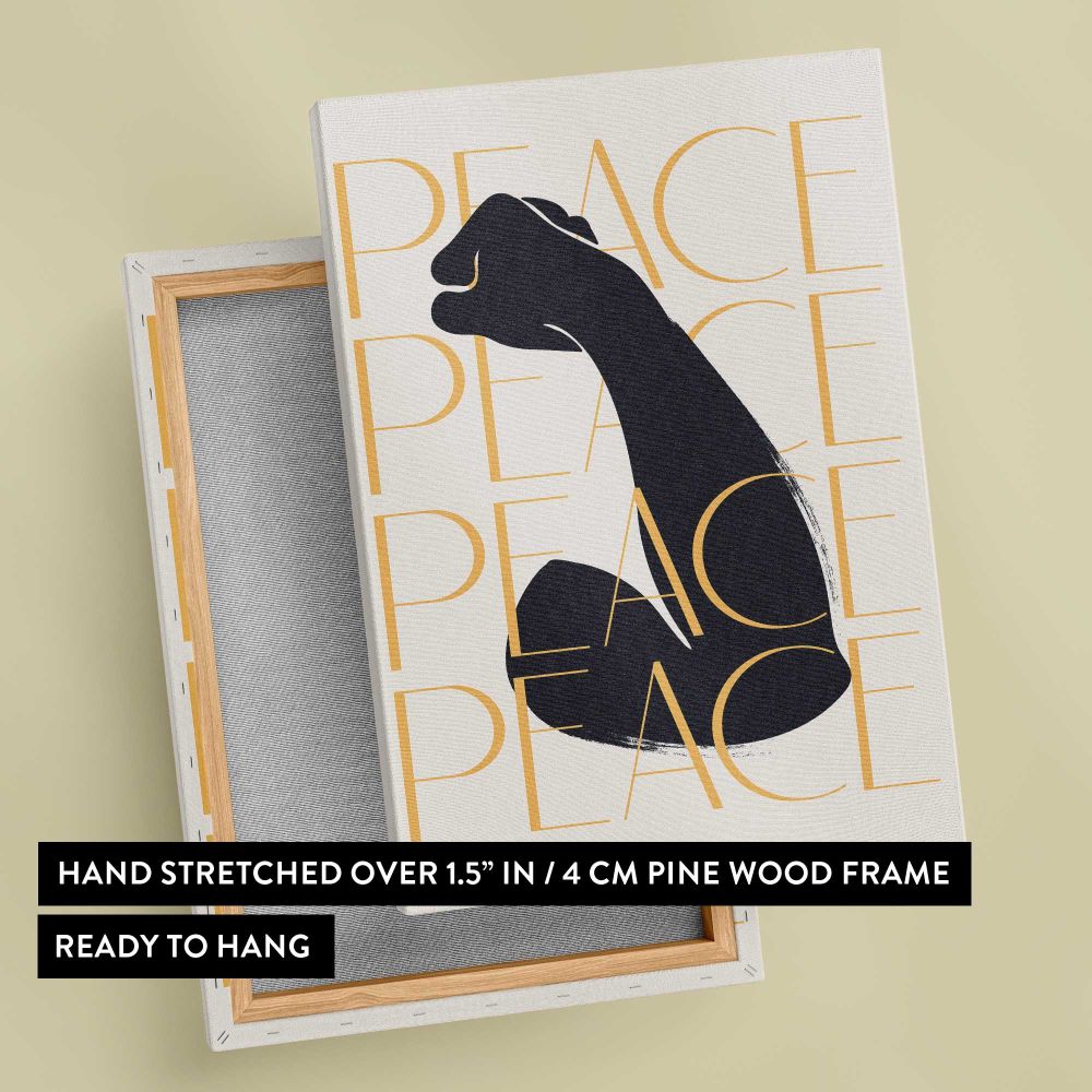 Black Cat with Gold Peace Typography canvas print, front and back view