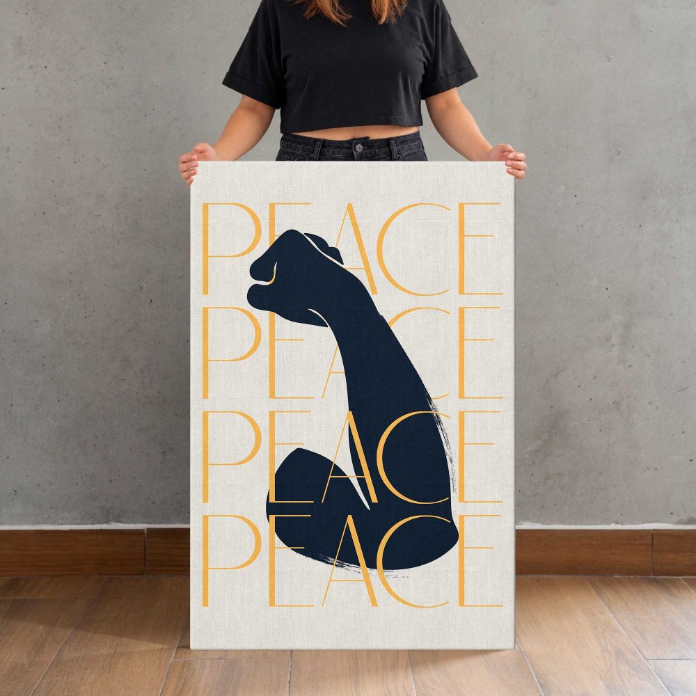 Black Cat with Gold Peace Typography canvas print, held for scale