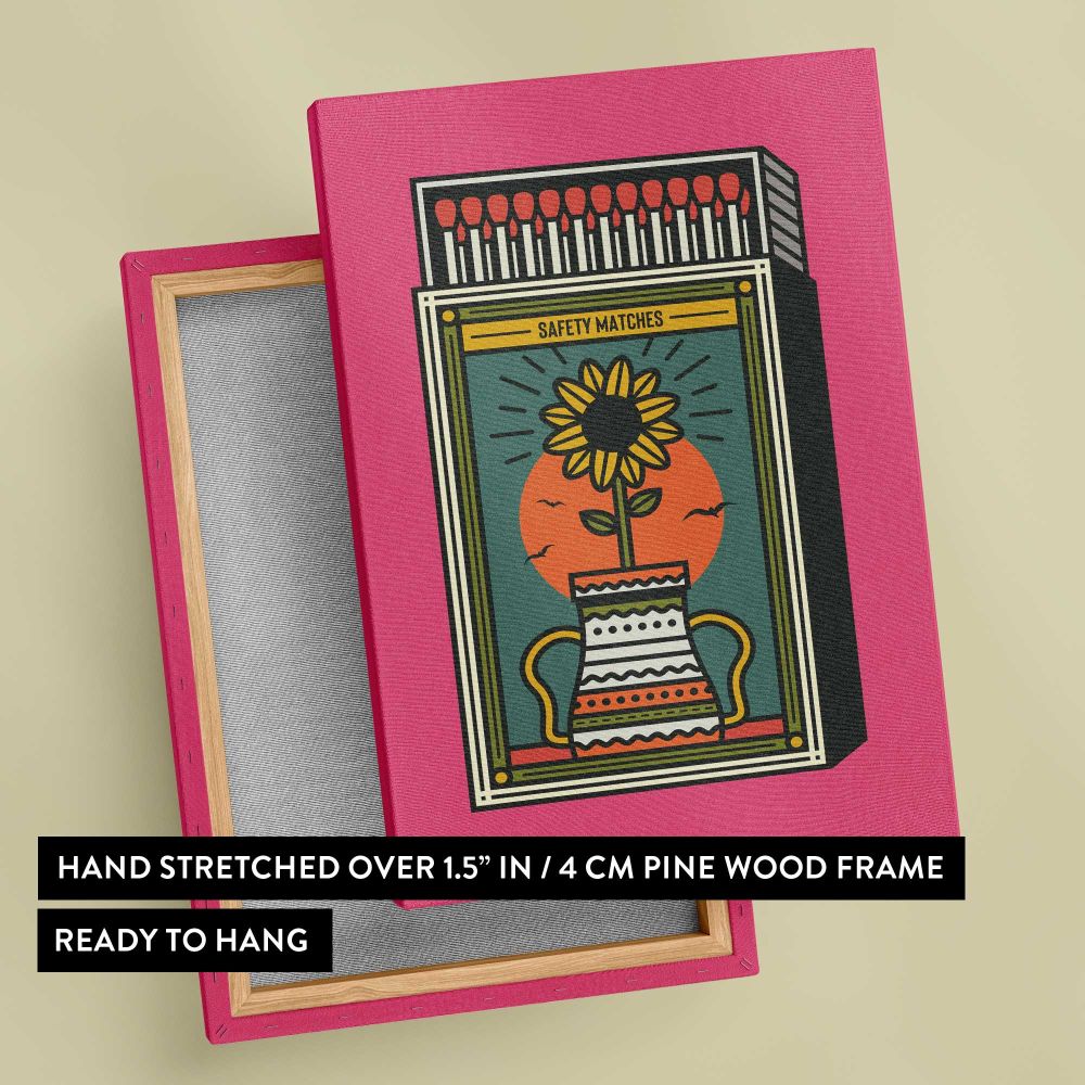 Vintage Sunflower Matchbox on Pink canvas print, front and back view