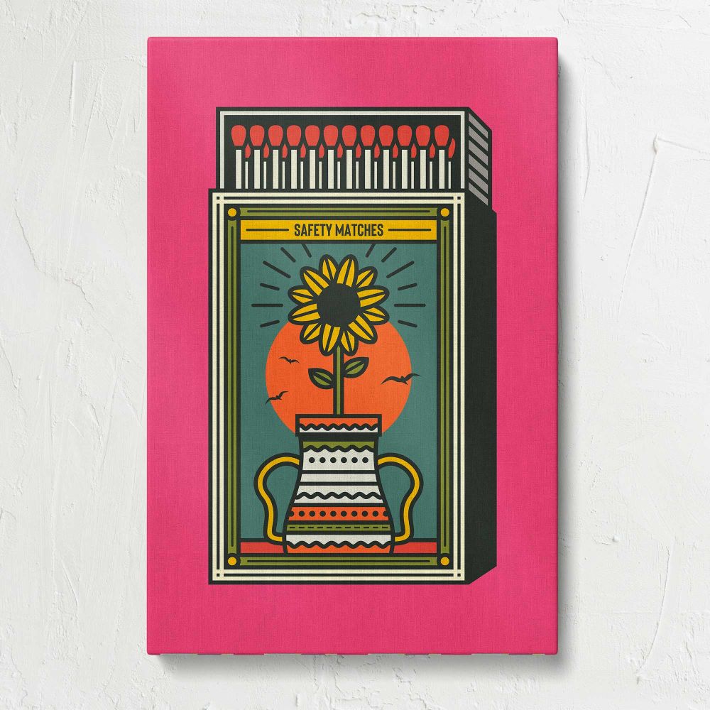 Vintage Sunflower Matchbox on Pink canvas print, front view
