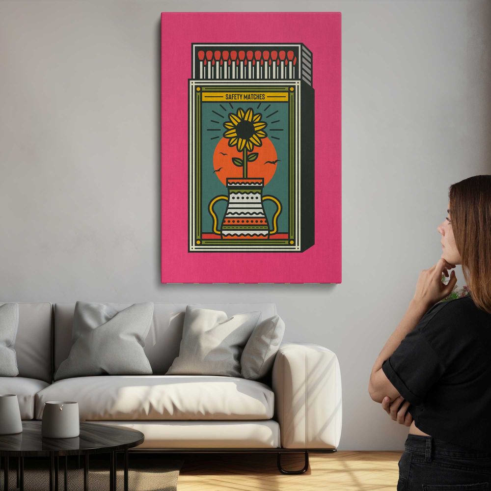 Vintage Sunflower Matchbox on Pink canvas print, room display