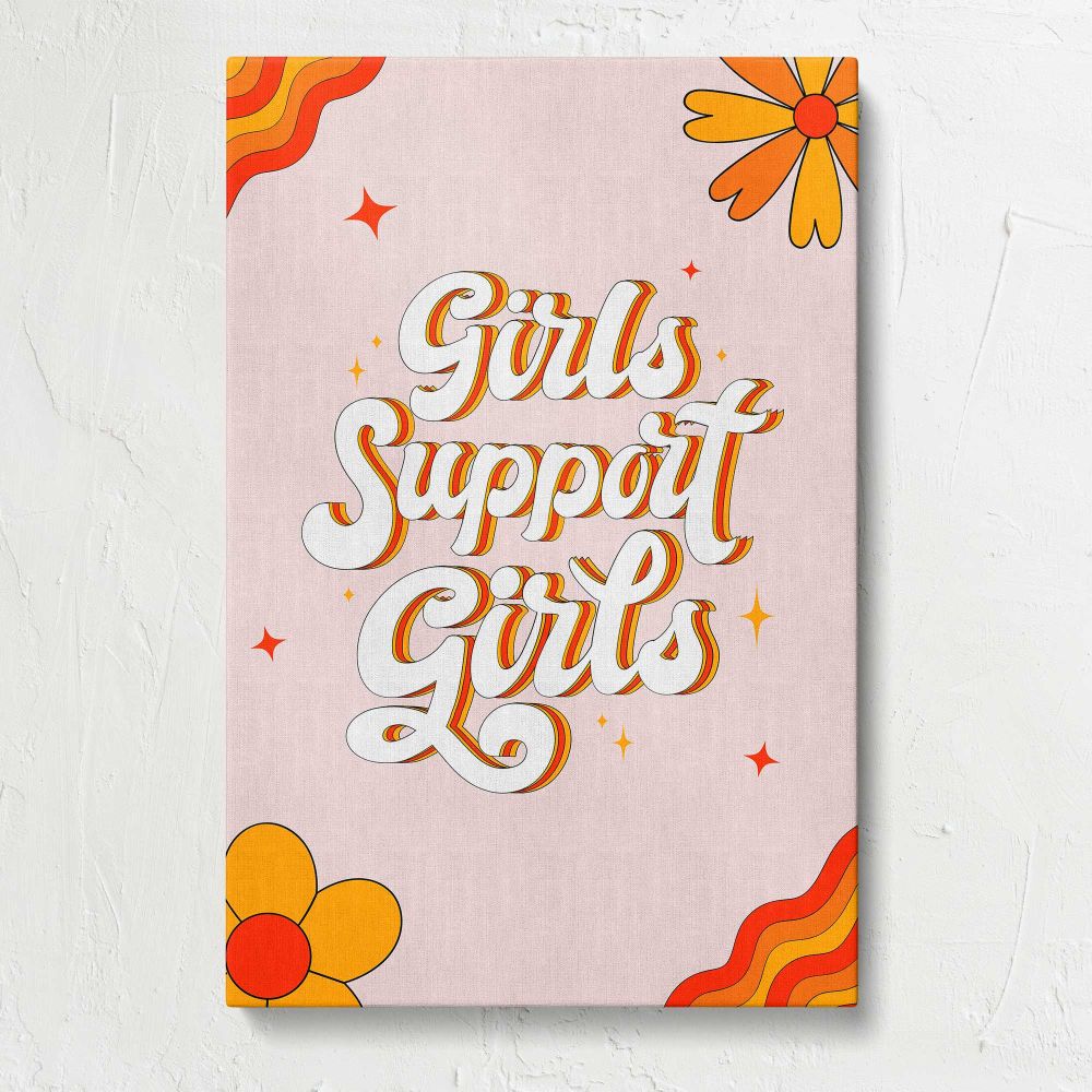 Girls Support Girls Floral Typography canvas print, front view