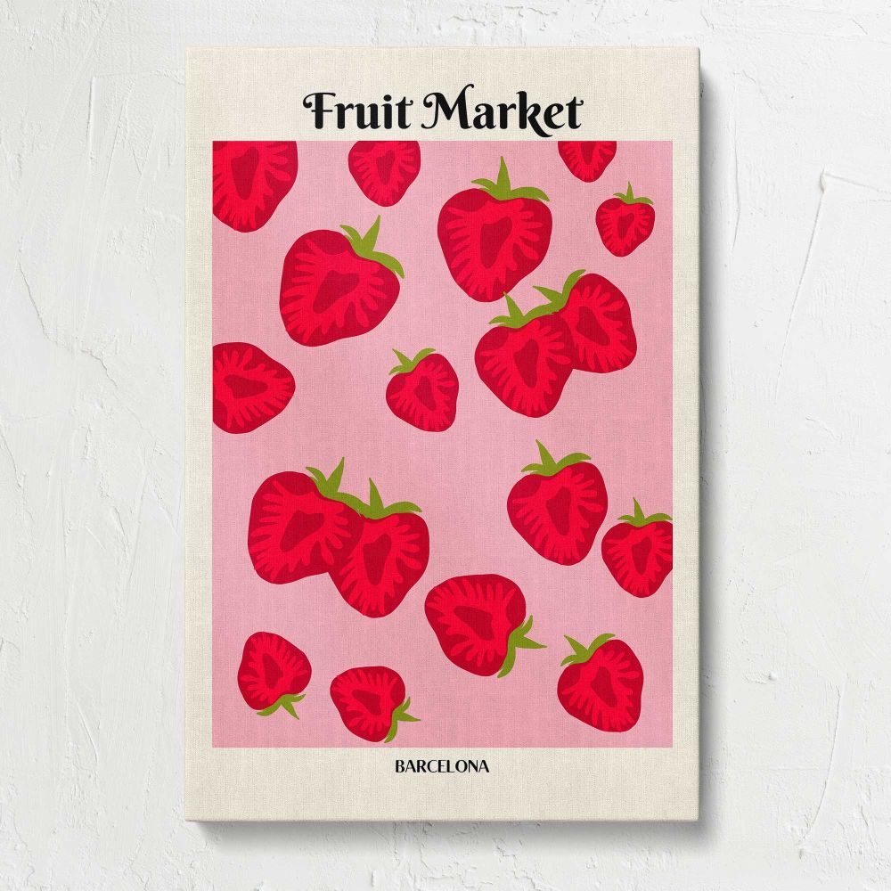 Fruit Market Strawberries on Pink canvas print, front view