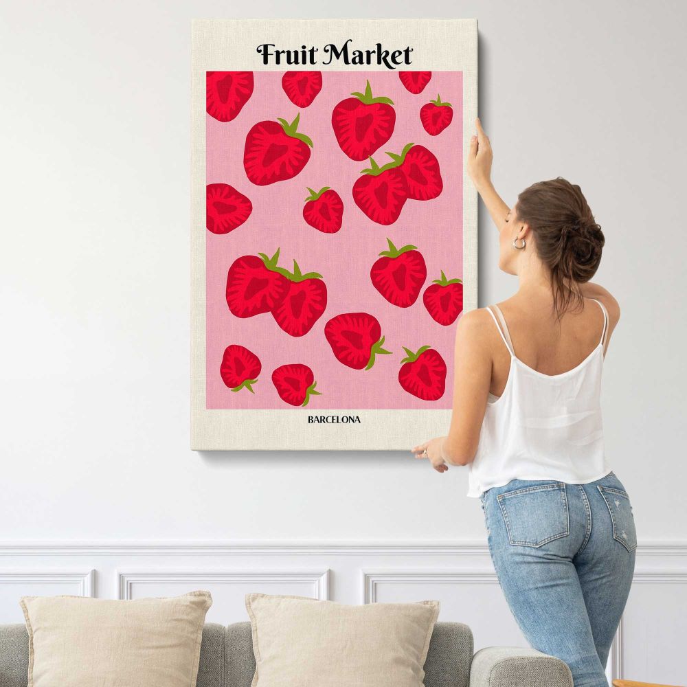 Fruit Market Strawberries on Pink canvas print, displayed on a wall