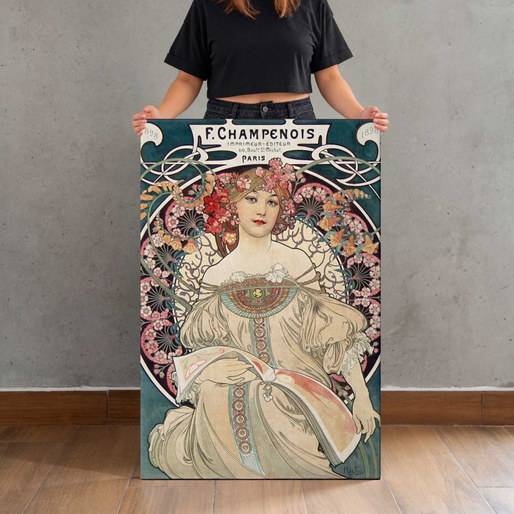 F Champenois Floral Art Nouveau Design by Alphonse Mucha canvas print, held for scale