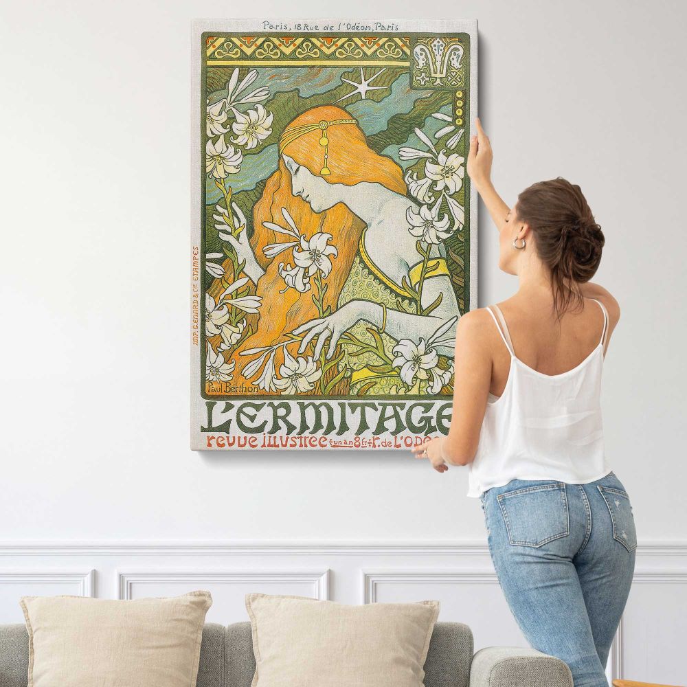 L'Ermitage Art Nouveau Woman by Paul Berthon canvas print, displayed on a wall