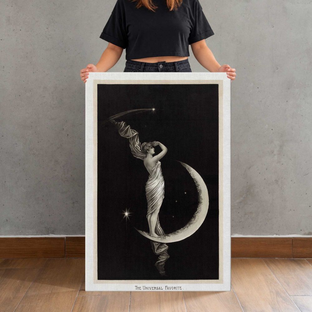 The Universal Favorite Crescent Moon Design canvas print, held for scale
