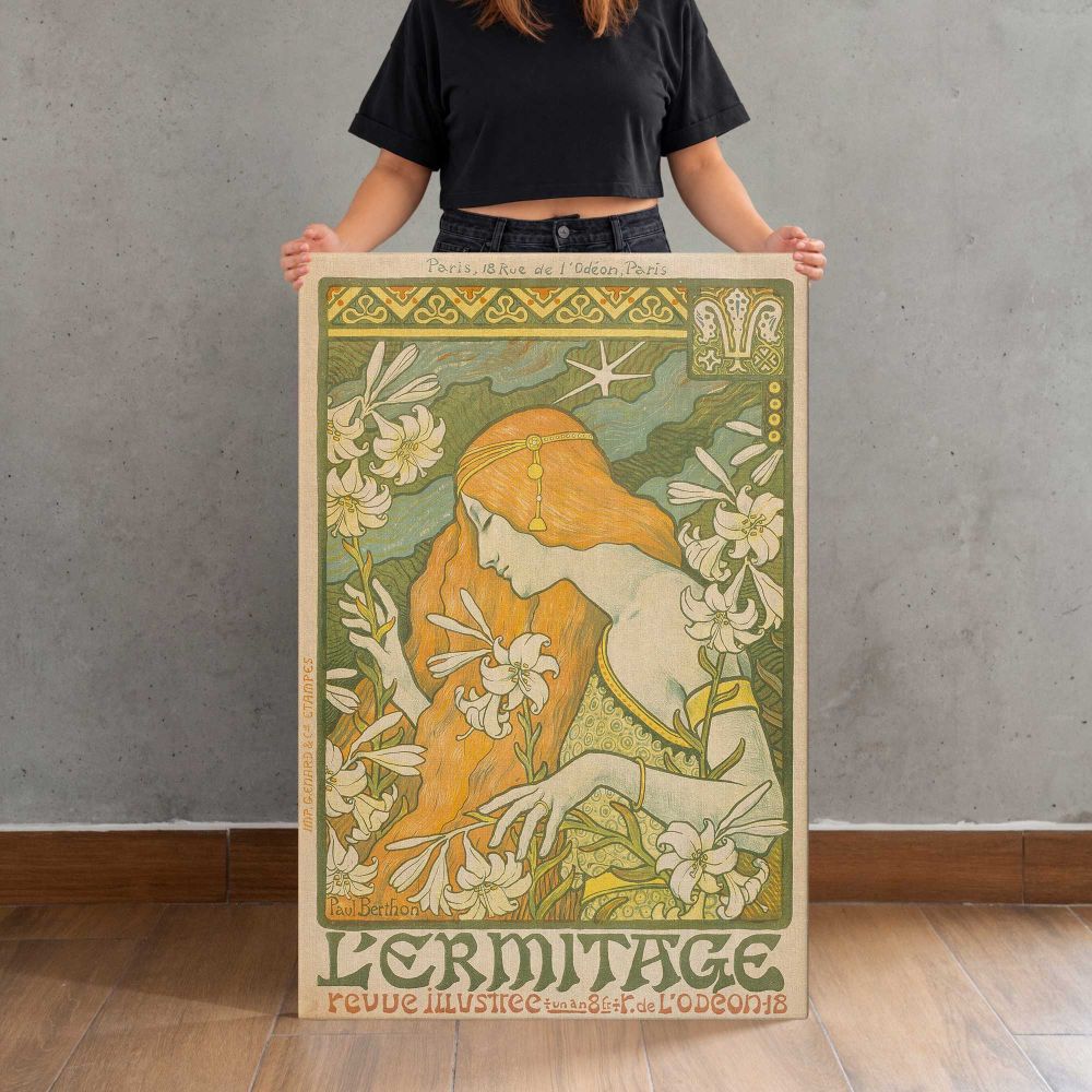 L'Ermitage Floral Art Nouveau Design by Paul Berthon canvas print, held for scale