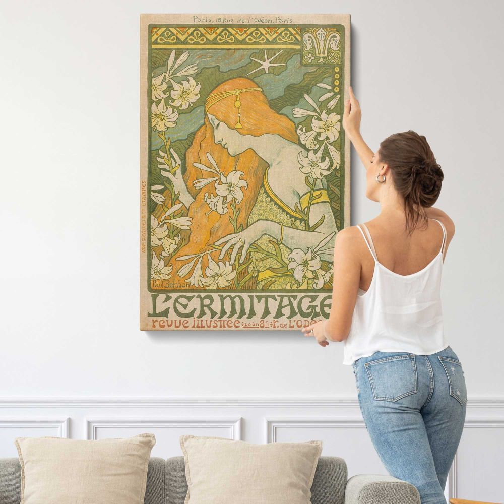 L'Ermitage Floral Art Nouveau Design by Paul Berthon canvas print, displayed on a wall