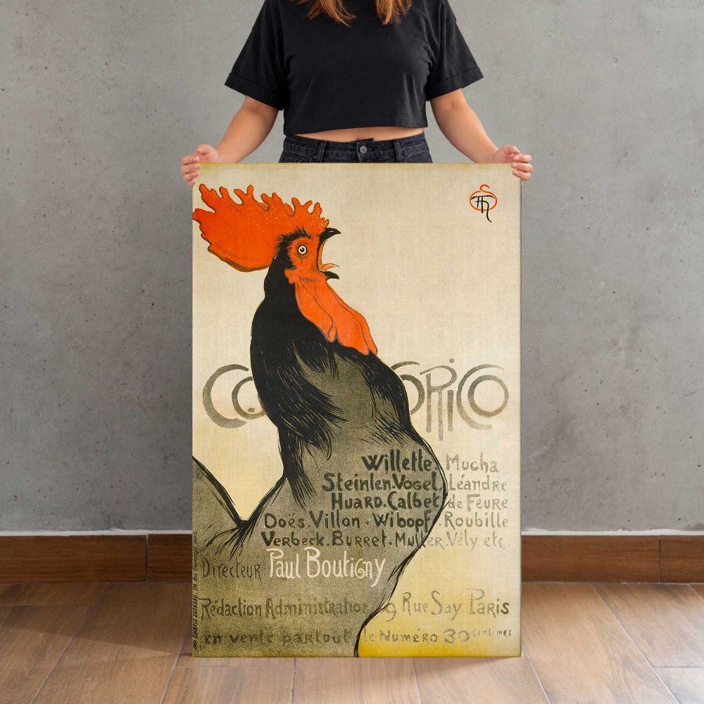 Cocorico Rooster Illustration canvas print, held for scale