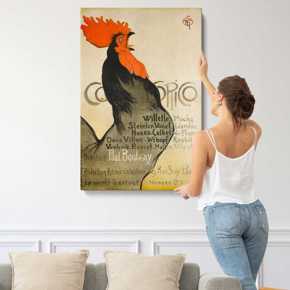 Cocorico Rooster Illustration canvas print, displayed on a wall
