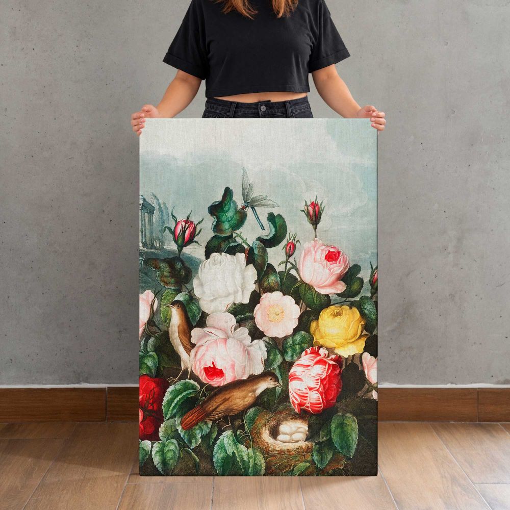 Roses from The Temple of Flora by Robert John Thornton canvas print, held for scale