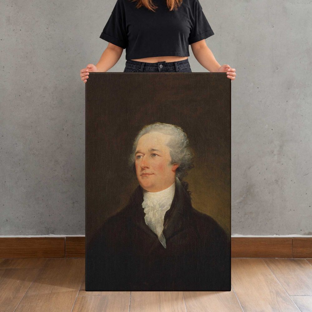 Alexander Hamilton Portrait canvas print, held for scale