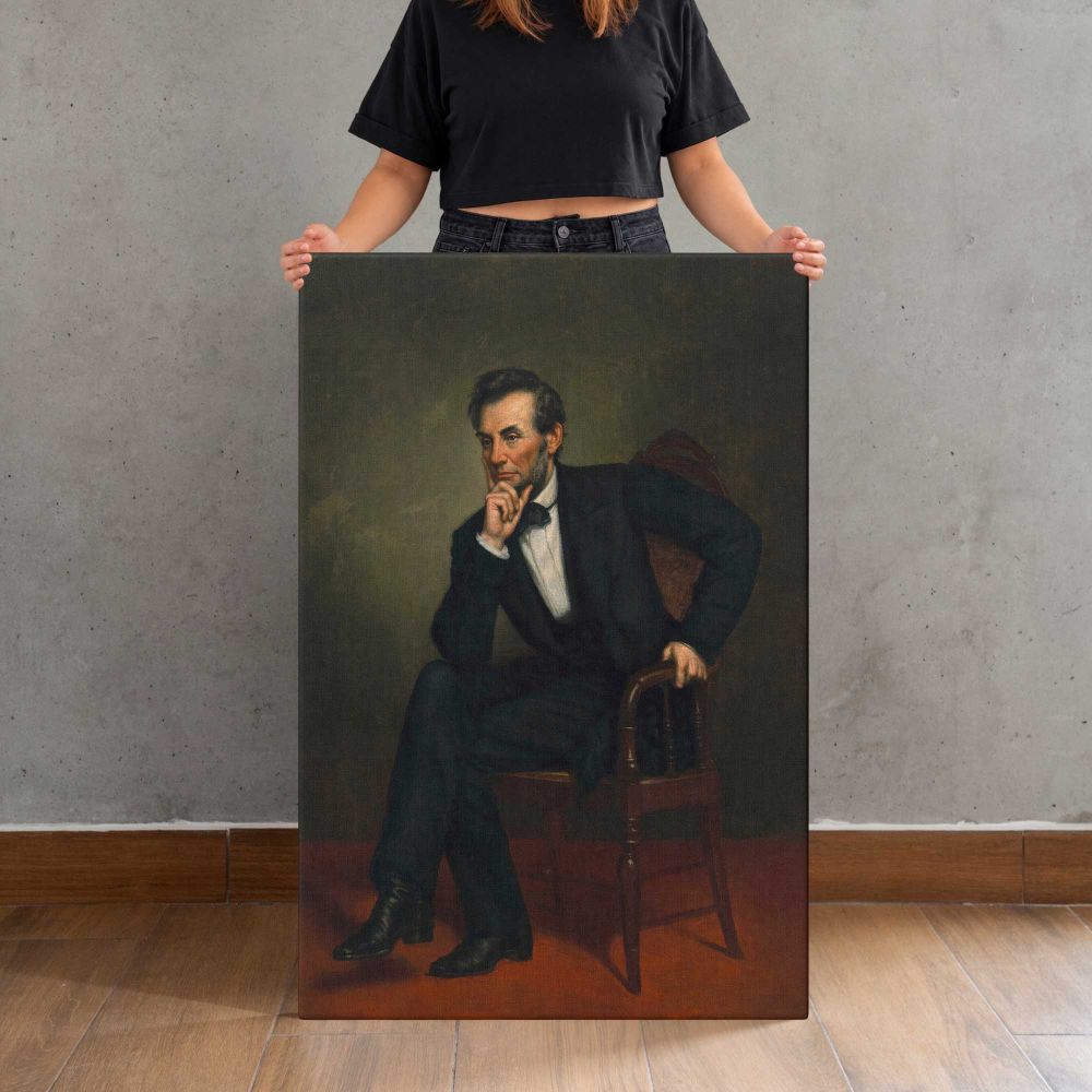 Abraham Lincoln Seated Portrait canvas print, held for scale