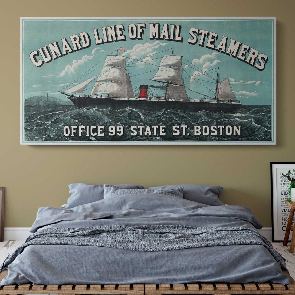 Cunard Line Mail Steamers Vintage Travel Poster — single-panel canvas above a bed with blue bedding