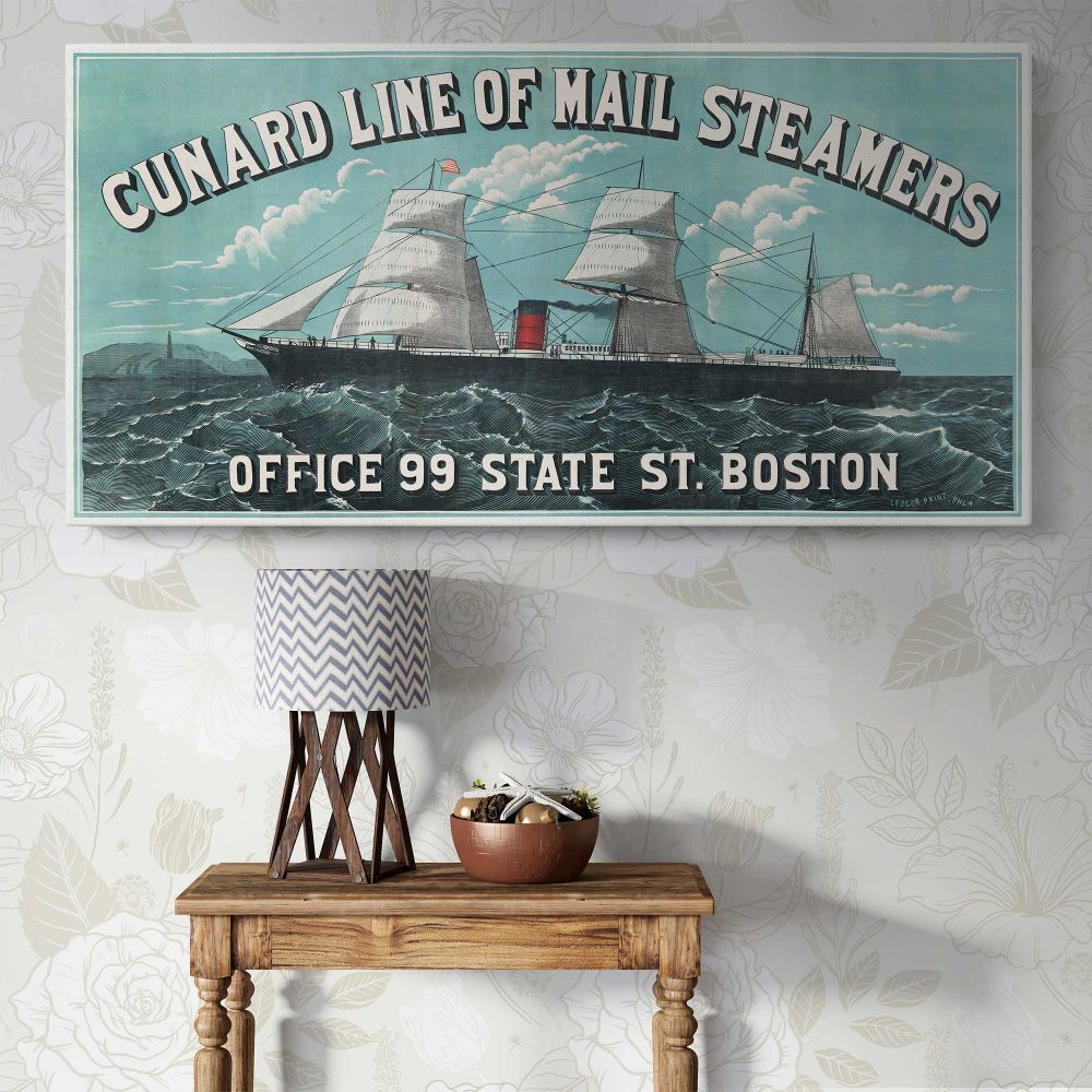 Cunard Line Mail Steamers Vintage Travel Poster — single-panel canvas above a console table