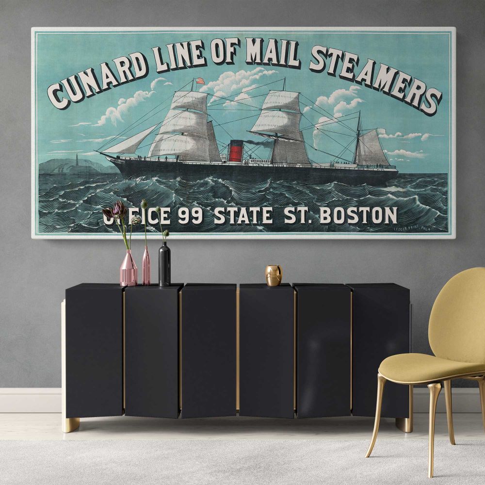 Cunard Line Mail Steamers Vintage Travel Poster — single-panel canvas above a sideboard