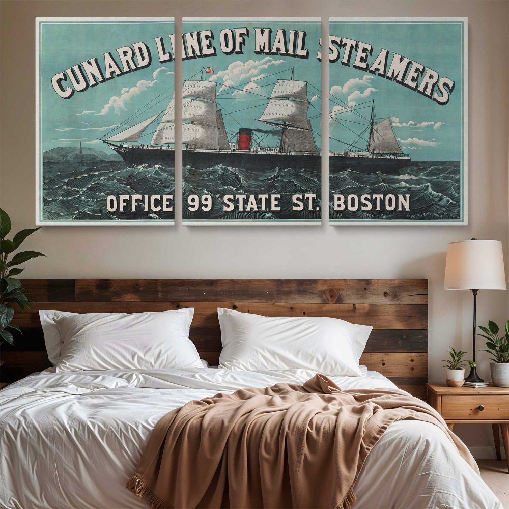 Cunard Line Mail Steamers Vintage Travel Poster — three-panel canvas above a bed