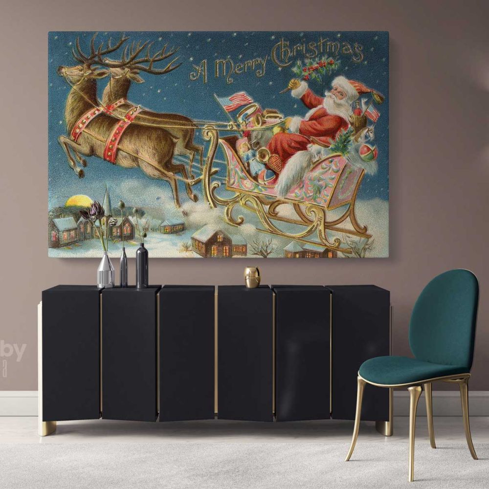 Christmas Santa Claus's Reindeer Village Scene Decor Wall Art Print Painting On Framed Canvas