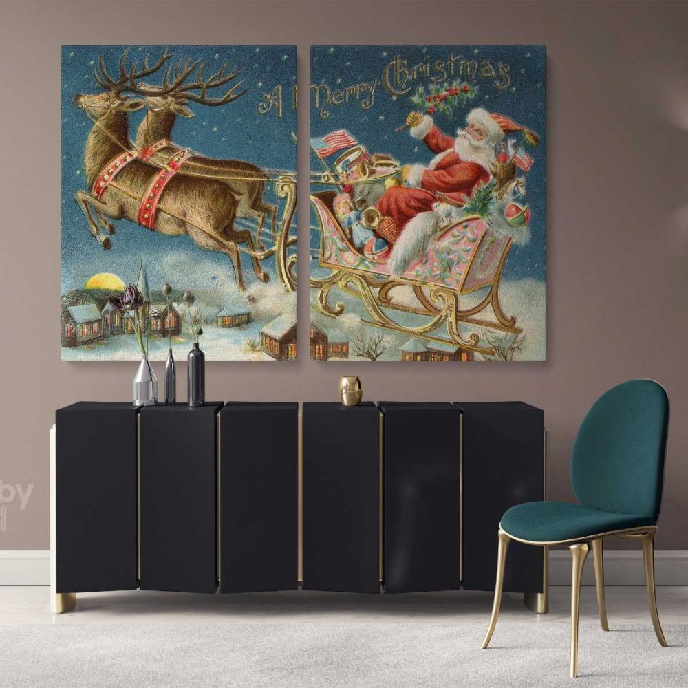 Christmas Santa Claus's Reindeer Village Scene Decor Wall Art Print Painting On Framed Canvas - Image 2
