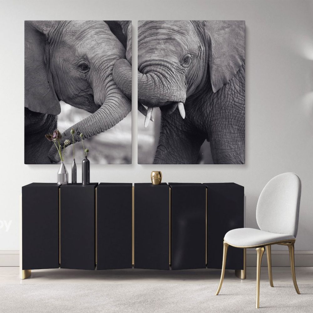Black and White Elephants Photography Canvas Wall Art - Image 2