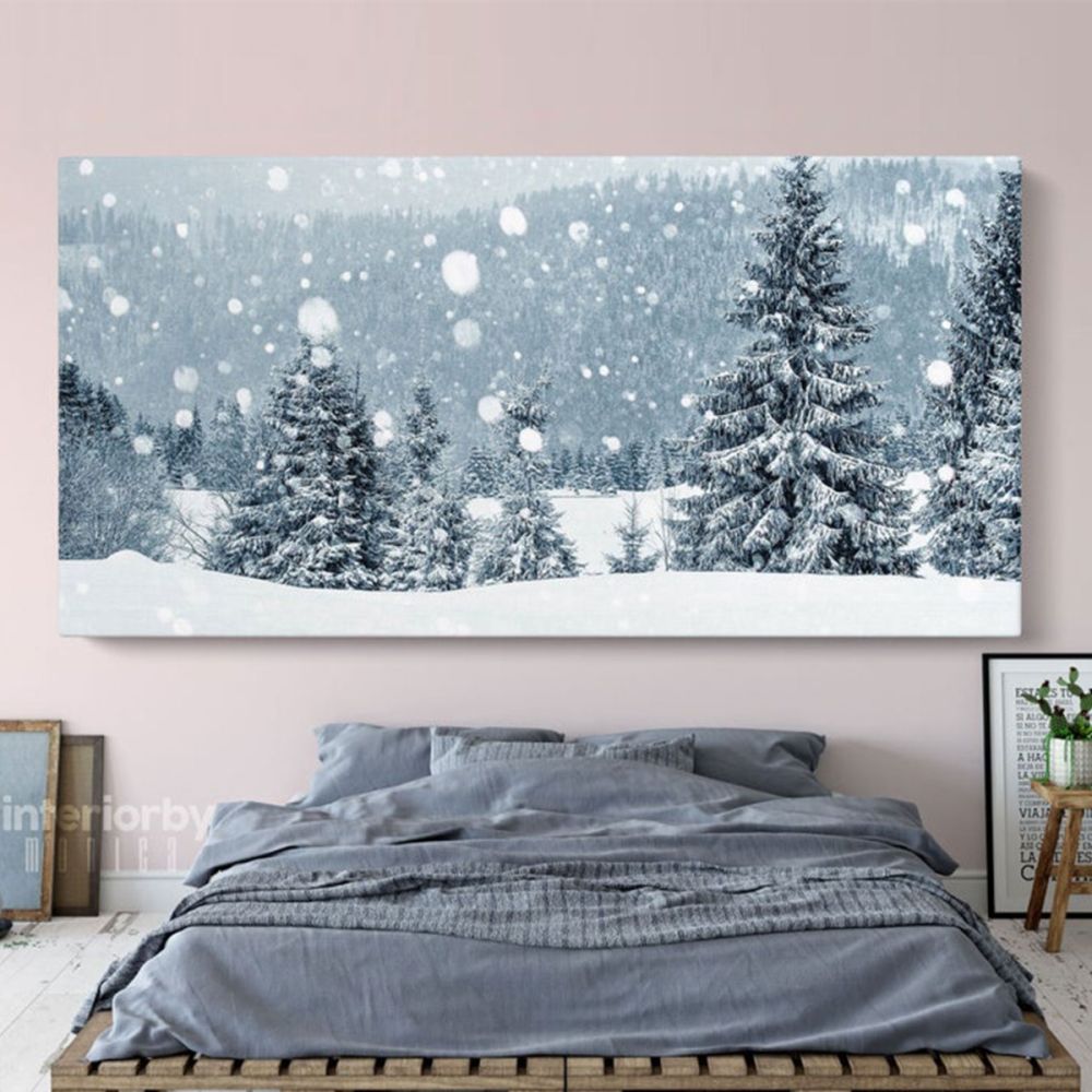 Panoramic Vintage Winter Christmas Village Snow Scene Holiday Framed Canvas