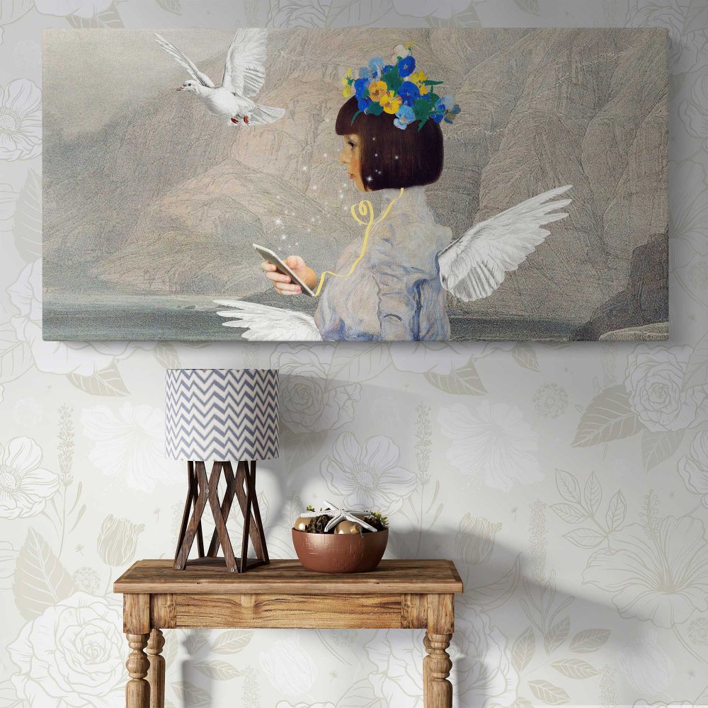 Decorative Angel Art Remix — single-panel canvas above a console table