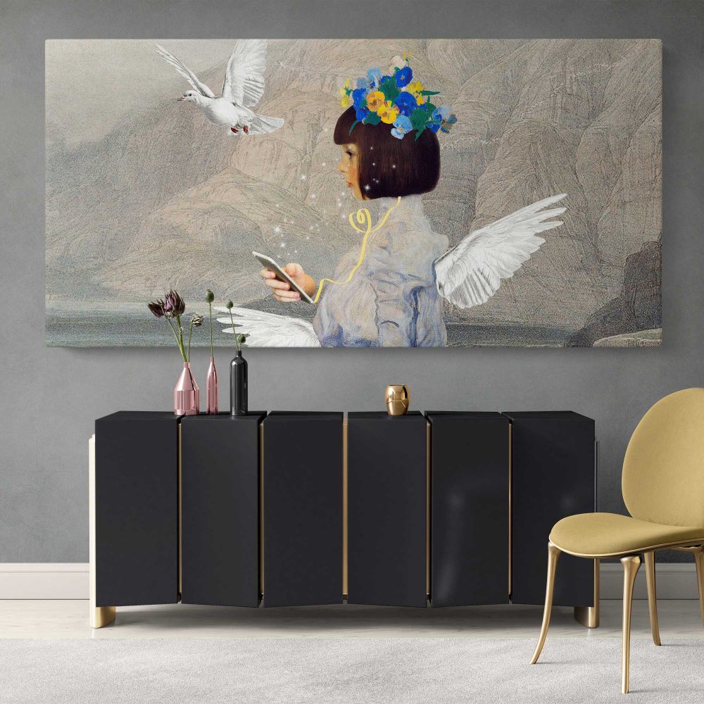 Decorative Angel Art Remix — single-panel canvas above a sideboard
