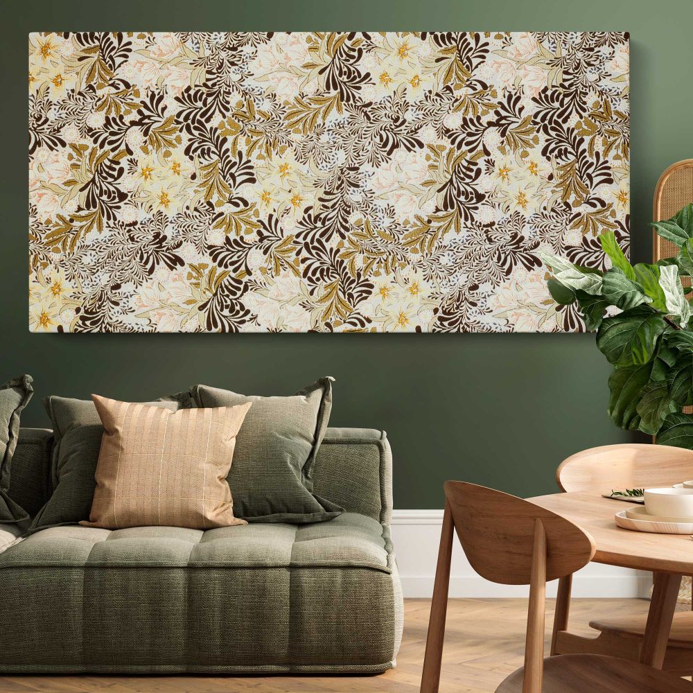 Decorative Botanical Wallpaper Pattern by William Morris — single-panel canvas above a green sofa