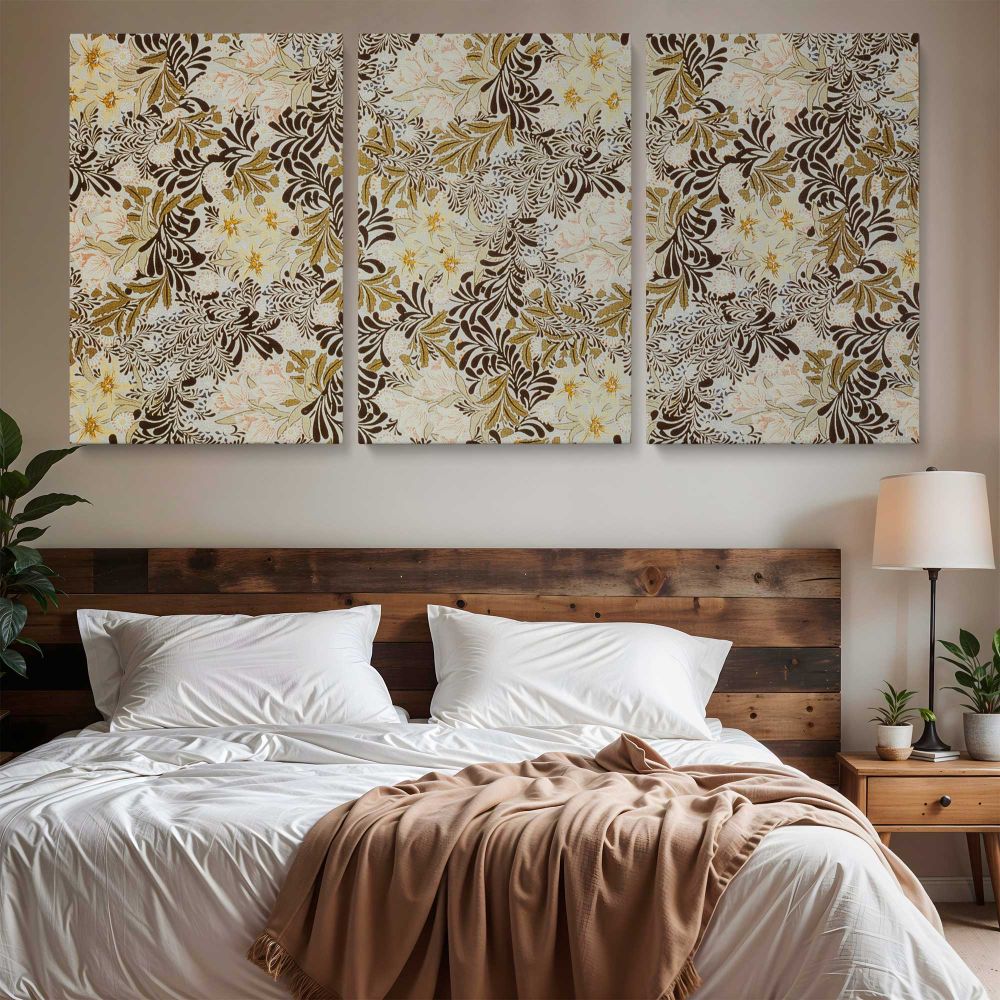 Decorative Botanical Wallpaper Pattern by William Morris — three-panel canvas above a bed