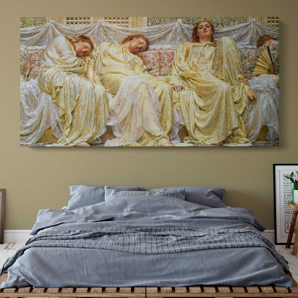 Dreamers by Albert Joseph Moore — single-panel canvas above a bed with blue bedding
