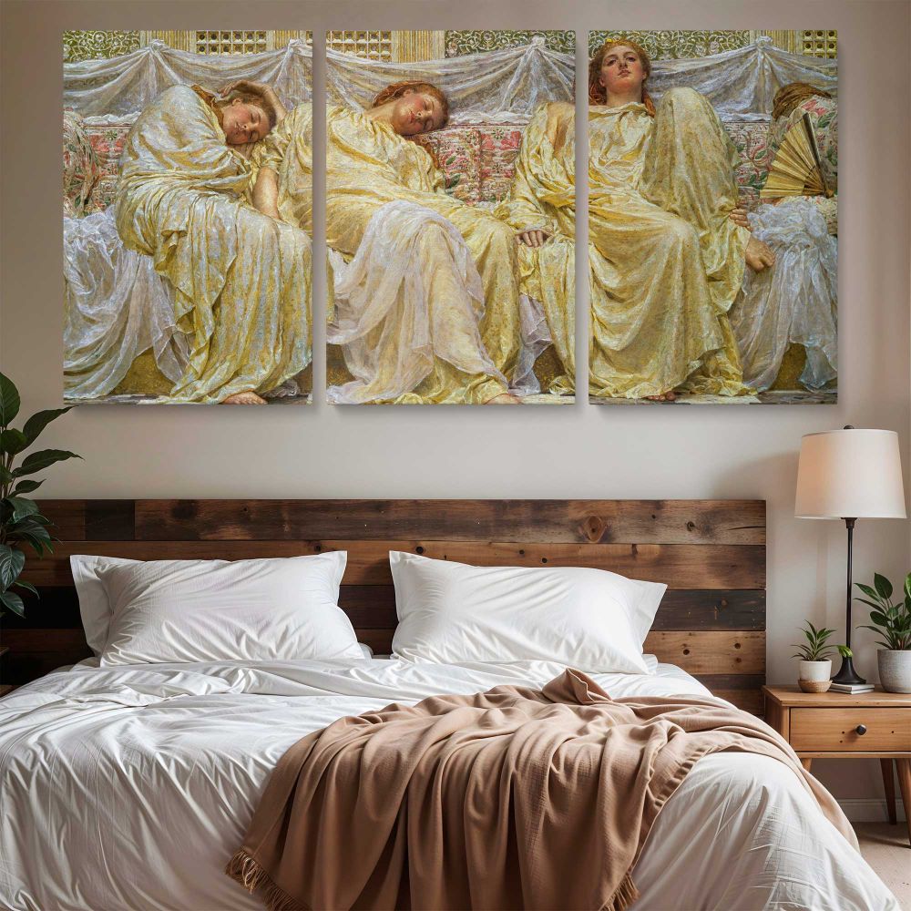 Dreamers by Albert Joseph Moore — three-panel canvas above a bed