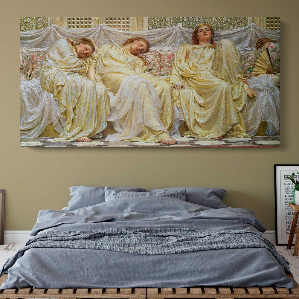 Dreamers by Albert Joseph Moore — single-panel canvas above a bed with blue bedding