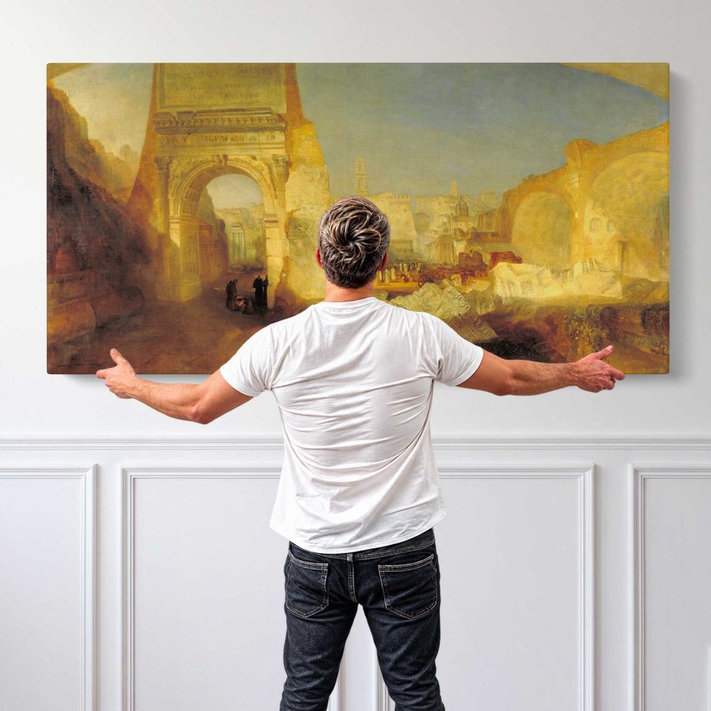 Forum Romanum by J. M. W. Turner — single-panel canvas shown behind a standing person for scale
