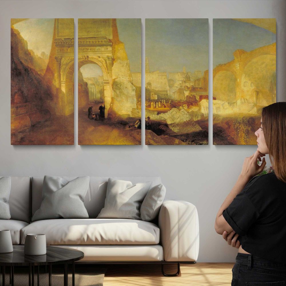Forum Romanum by J. M. W. Turner — three-panel canvas above a sofa