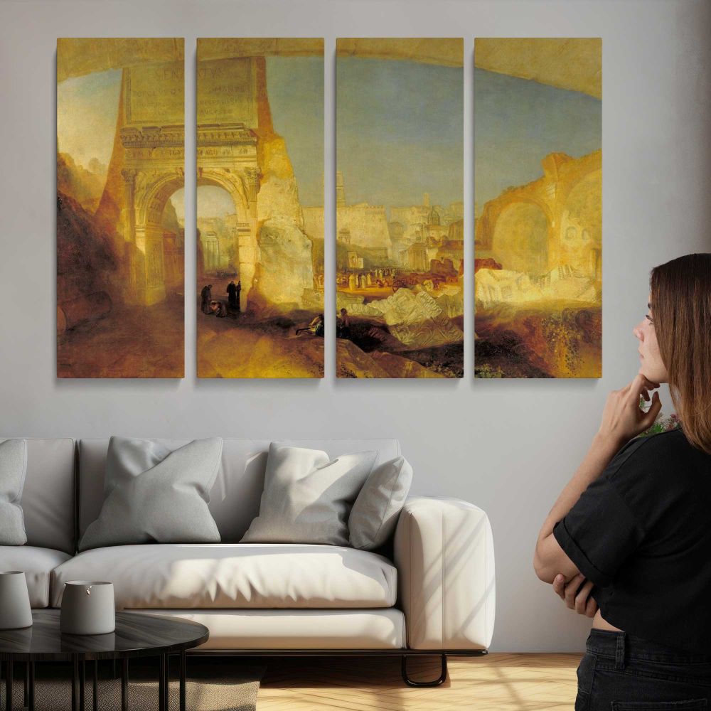 Forum Romanum, for Mr Soane’s Museum by Joseph Mallord William Turner - multi-panel canvas displayed above a sofa