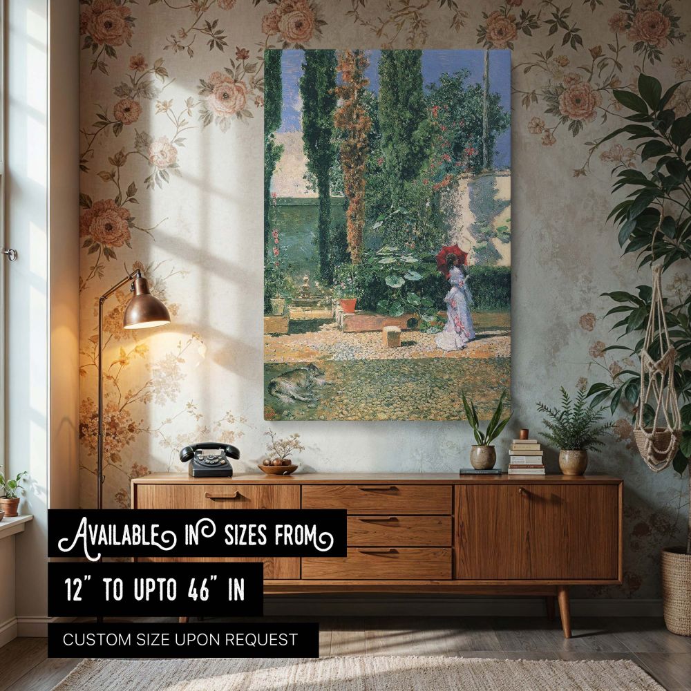 Garden of the Fortuny Residence by Mariano Fortuny - Red Umbrella and Trees canvas wall art