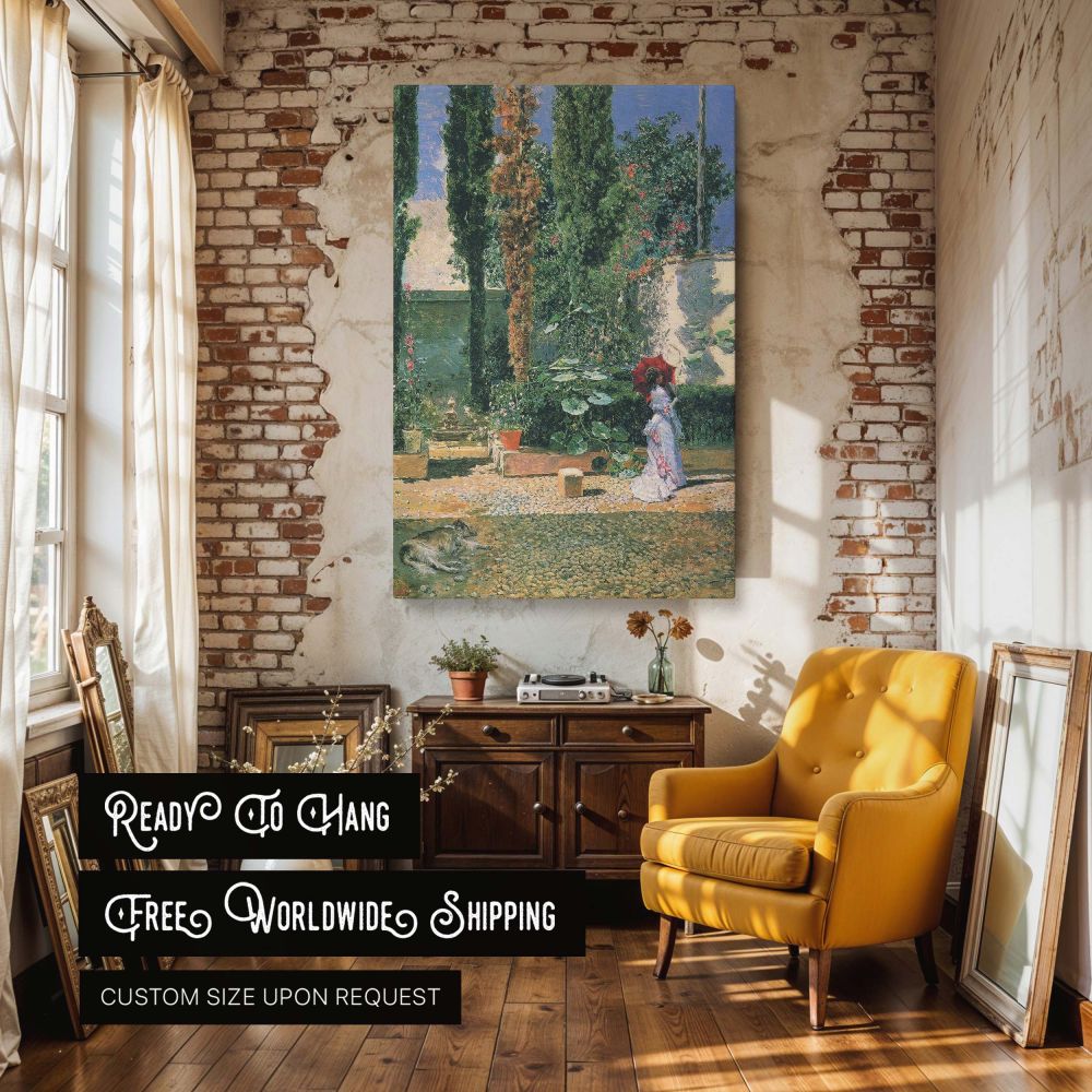 Garden of the Fortuny Residence by Mariano Fortuny - Red Umbrella and Trees canvas wall art - Image 3