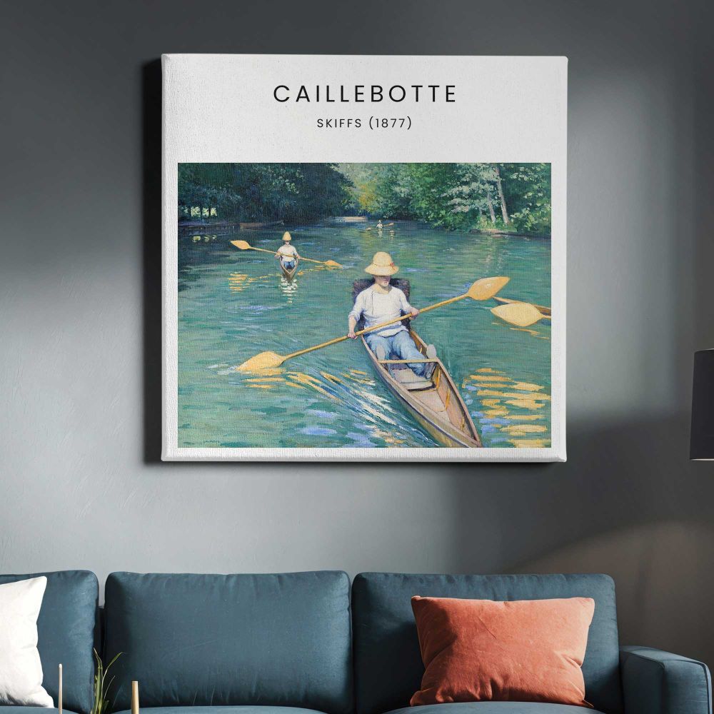 Gustave Caillebotte skiffs art print, famous painting, vintage wall poster — room mockup view 3