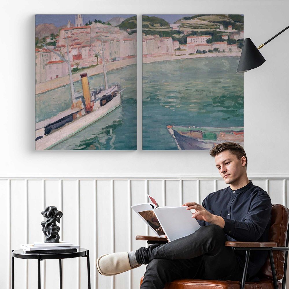 Harbour at Menton by Albert Marquet - two-panel canvas displayed in a reading room