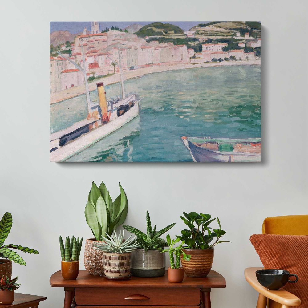 Harbour at Menton by Albert Marquet - single-panel canvas displayed above a console table