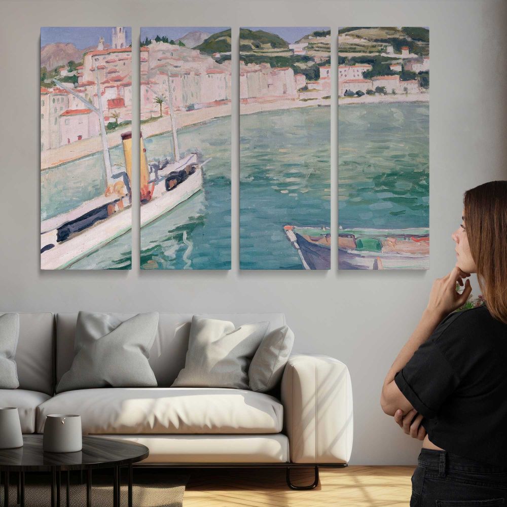Harbour at Menton by Albert Marquet - multi-panel canvas displayed above a sofa