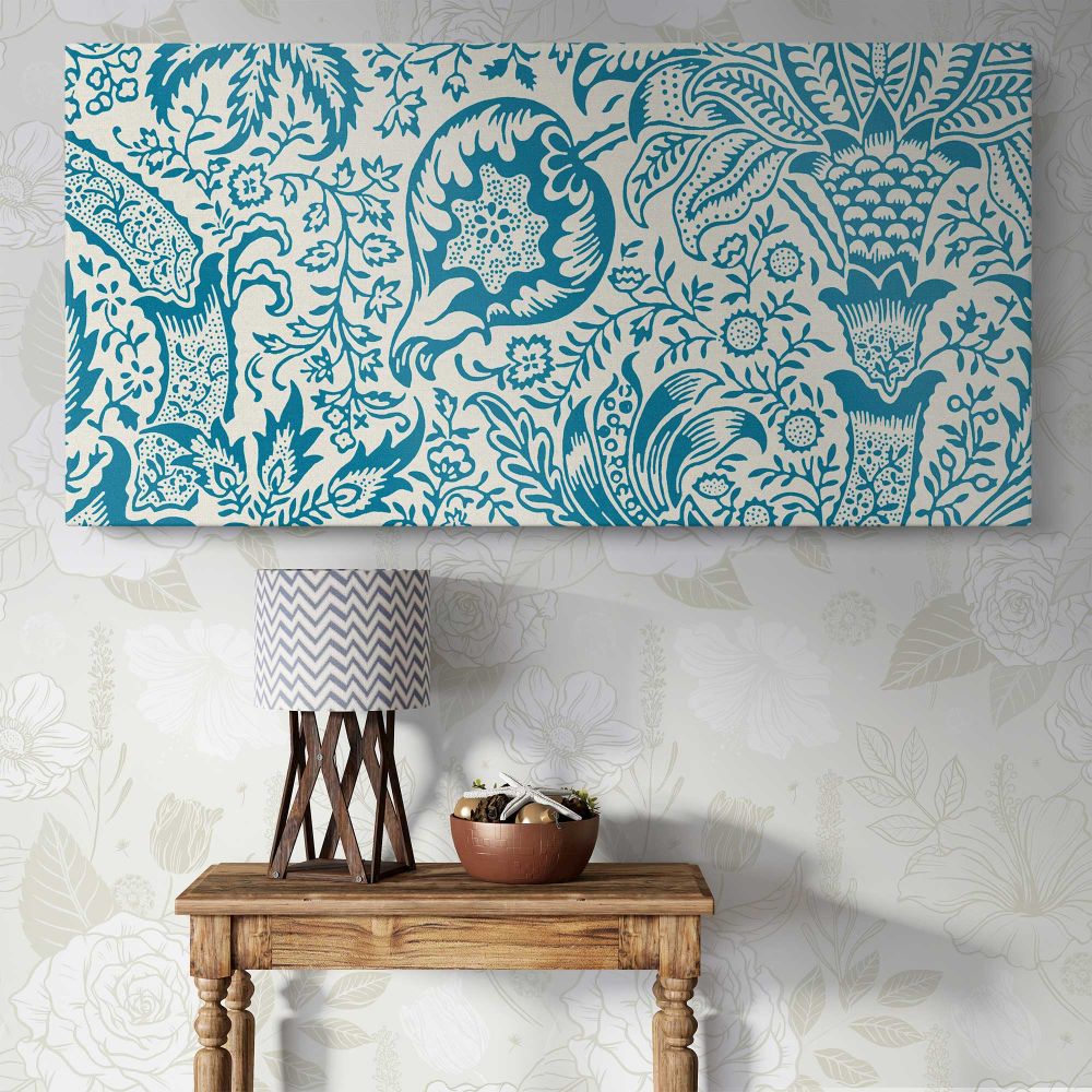 Indian Floral Pattern in Blue and Cream by William Morris — single-panel canvas above a console table