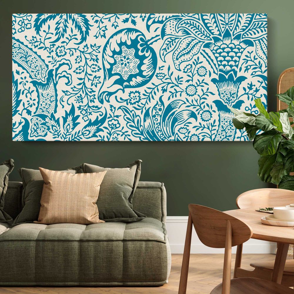 Indian Floral Pattern in Blue and Cream by William Morris — single-panel canvas above a green sofa