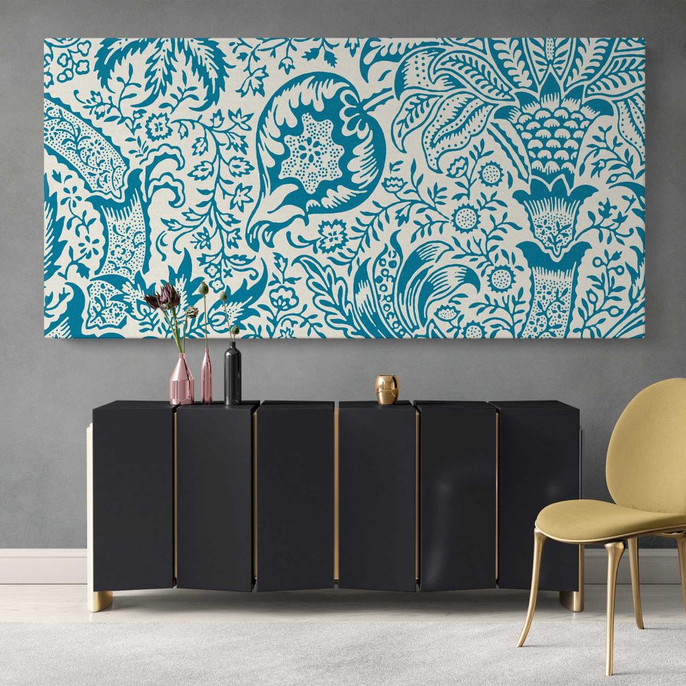 Indian Floral Pattern in Blue and Cream by William Morris — single-panel canvas above a sideboard