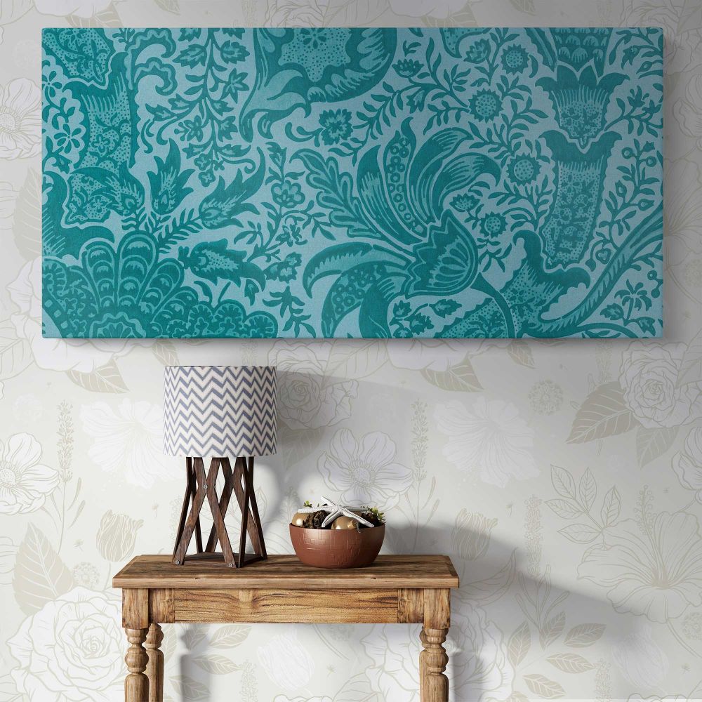 Indian Floral Pattern in Teal by William Morris — single-panel canvas above a console table